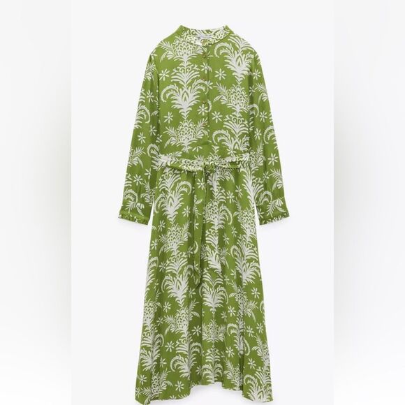 Zara Printed A-Line Midi Dress in Green and White XS NWOT - Picture 3 of 16